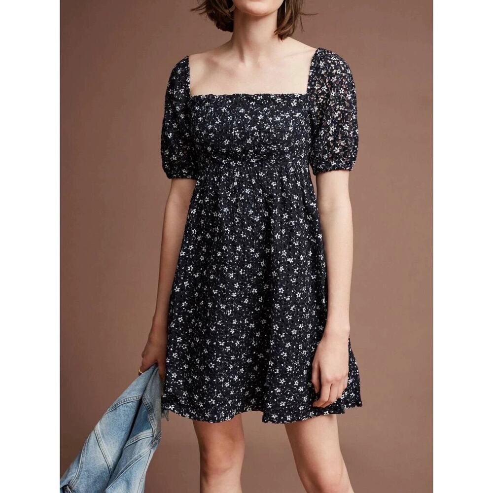 Maeve Anthropologie Lillian Floral Dress Puff Sleeve Mini Dress Women’s 4 Navy - Picture 4 of 16